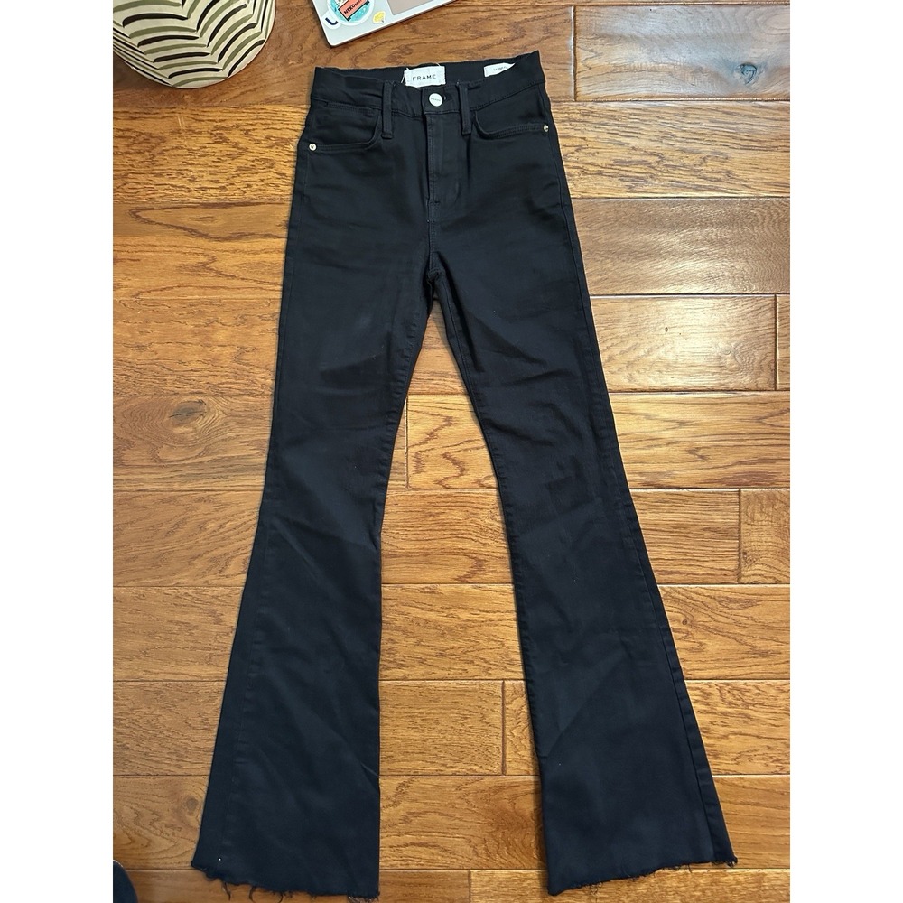 FRAME Le High Flare Jeans Black Film Noir Size 24 LHF403 Raw Hem Stretch